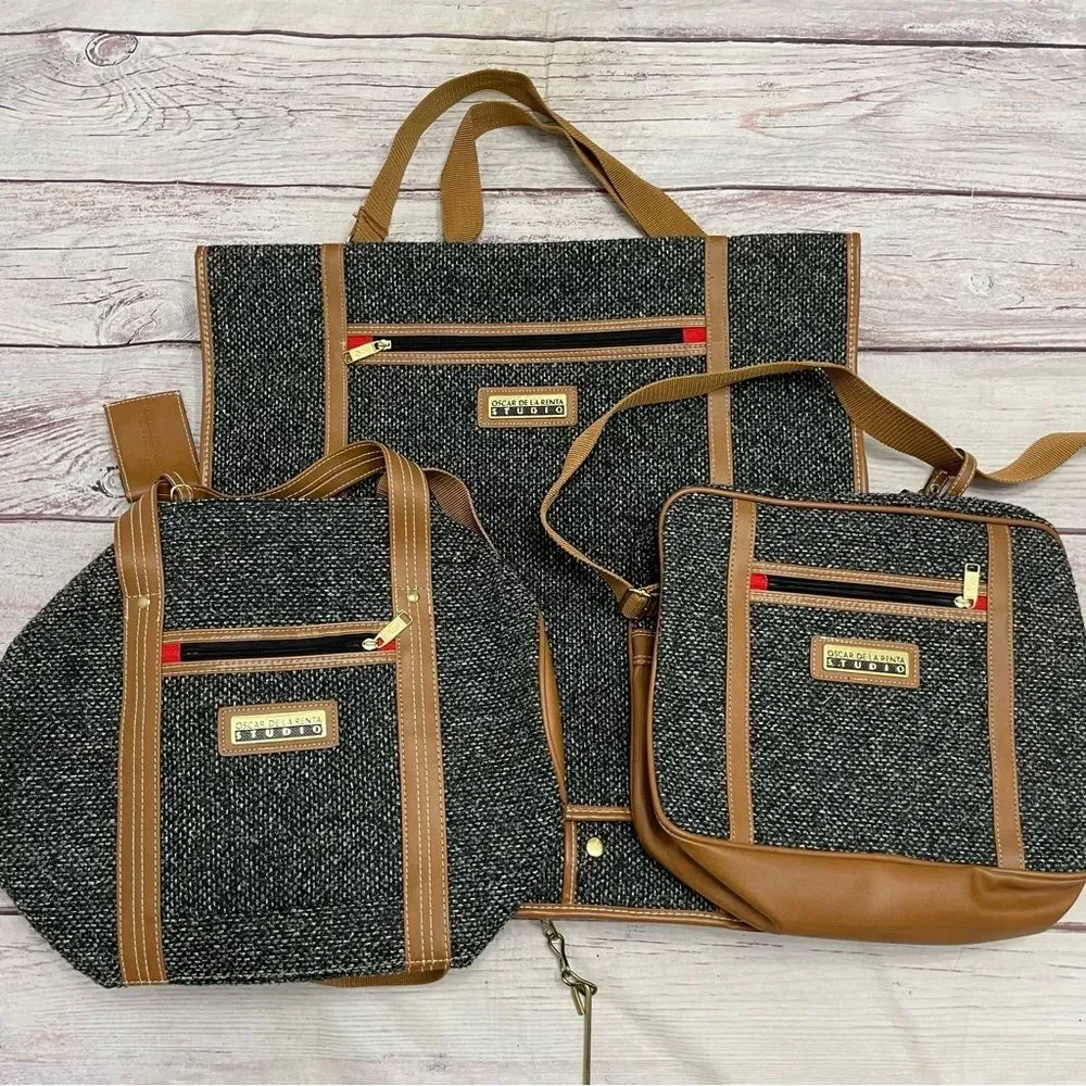 Oscar de La Renta Vintage Three Piece Luggage Set Tweed Bucle Black Tan Travel